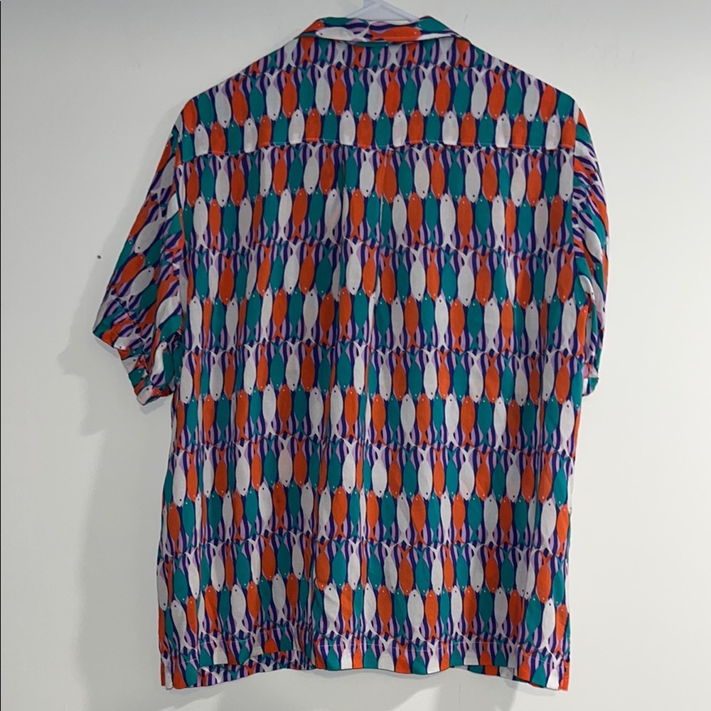 Maeve Printed Short-Sleeve Button Front Blouse in Teal, Orange & Purple - Picture 6 of 11